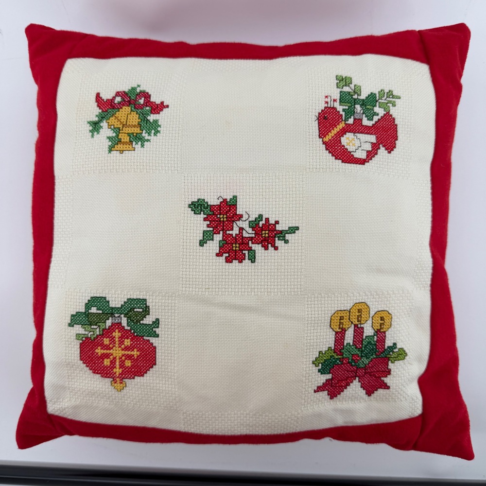 Vintage Christmas Cross Stitch Throw Pillow Red Velvet Holiday Decor 12x12